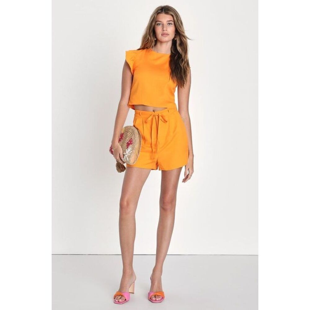 Lulus Cheers To Sunshine Orange Linen Ruffled Tie-back Crop Top - Size XS